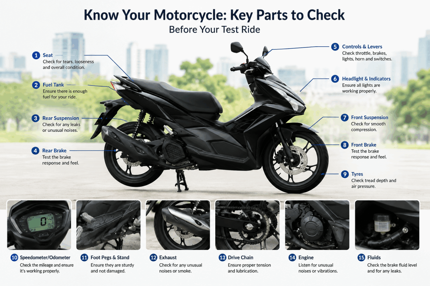 Motorcycle diagram showing key parts to check before and during a test ride, including brakes, suspension, tyres, controls, speedometer, engine and drive chain.