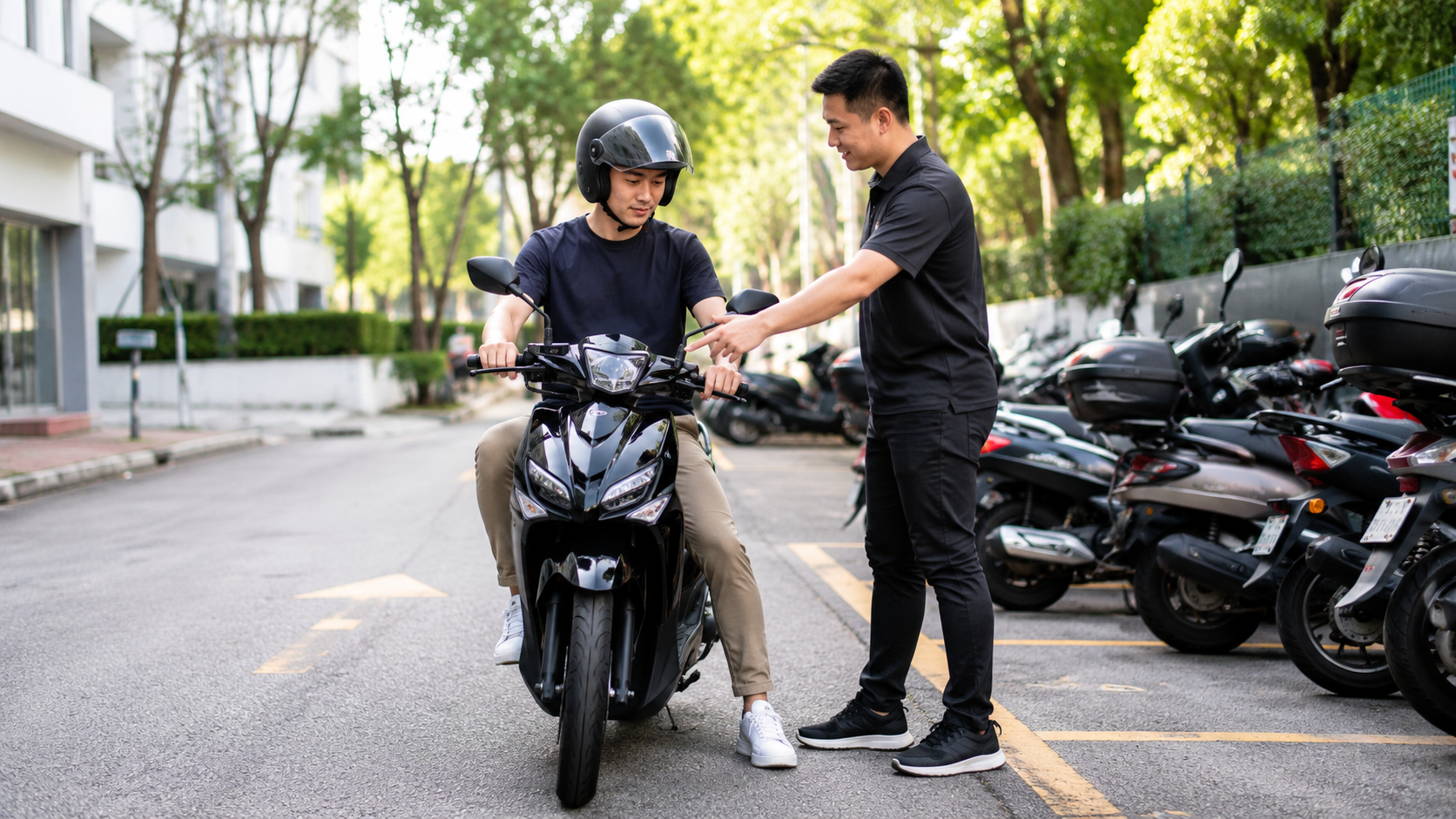 Customer test riding a motorcycle before rental while a rental staff member provides assistance at a motorcycle rental location in Singapore.